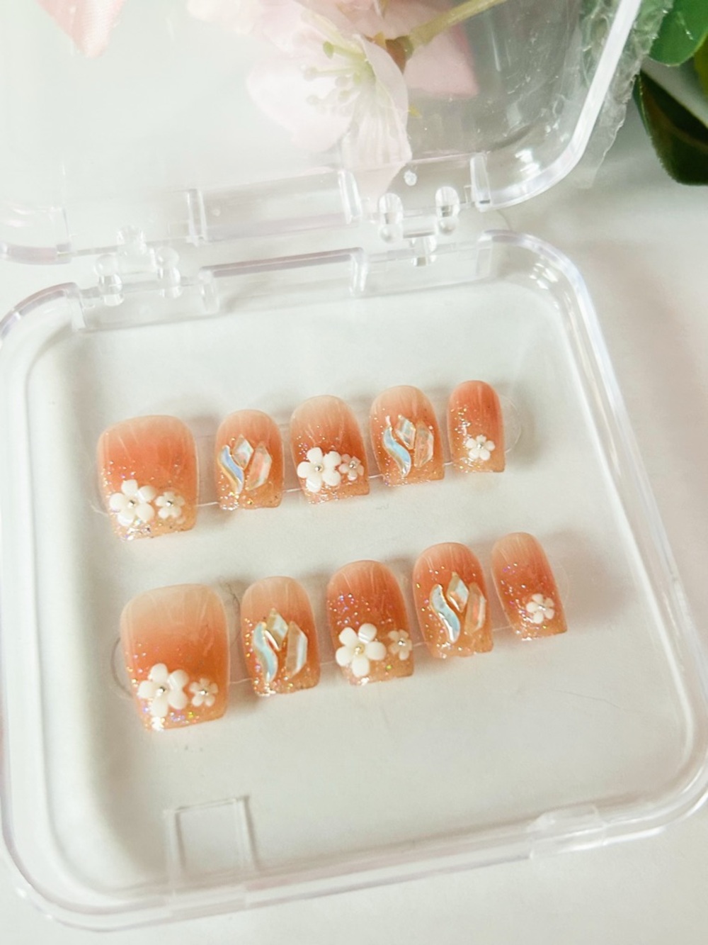 Peach Blossom Press-On Nails with 3D Floral Accents